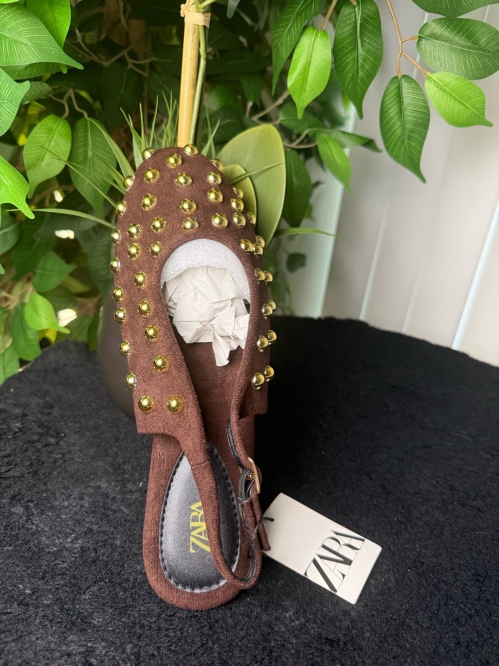 Brown Suede Studded Slingback Mules